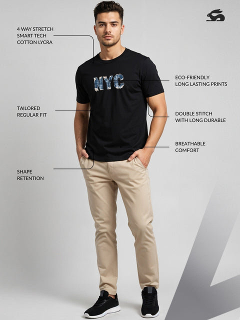 Adro Men’s Regular Fit T-Shirt – Denim NYC Vibe Design | 180 GSM Cotton Lycra Casual Streetwear Graphic Tee