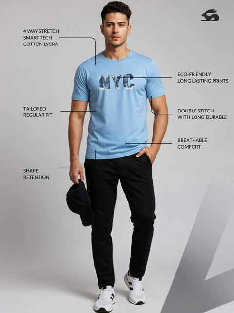Adro Men’s Regular Fit T-Shirt – Denim NYC Vibe Design | 180 GSM Cotton Lycra Casual Streetwear Graphic Tee