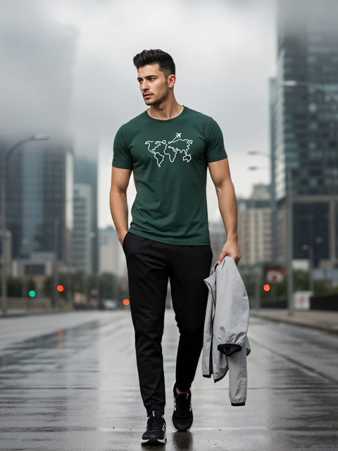 Adro Men’s Regular Fit T-Shirt – Wanderlust World Map Design | 180 GSM Cotton Lycra Travel-Inspired Graphic Tee