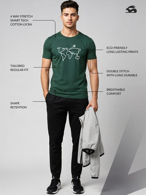 Adro Men’s Regular Fit T-Shirt – Wanderlust World Map Design | 180 GSM Cotton Lycra Travel-Inspired Graphic Tee