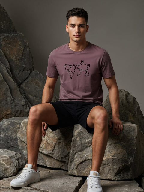 Adro Men’s Regular Fit T-Shirt – Wanderlust World Map Design | 180 GSM Cotton Lycra Travel-Inspired Graphic Tee