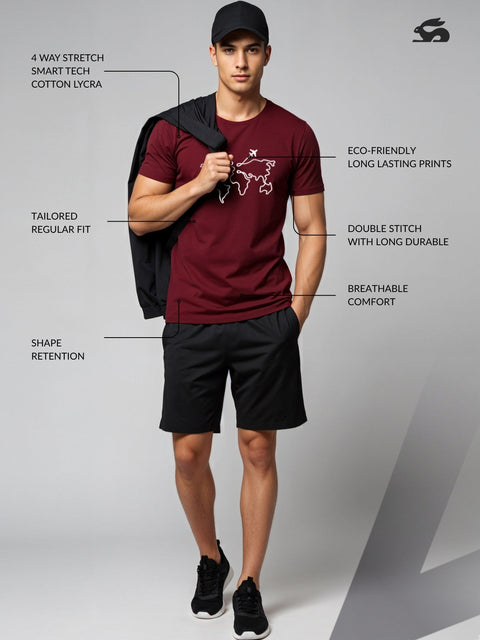 Adro Men’s Regular Fit T-Shirt – Wanderlust World Map Design | 180 GSM Cotton Lycra Travel-Inspired Graphic Tee