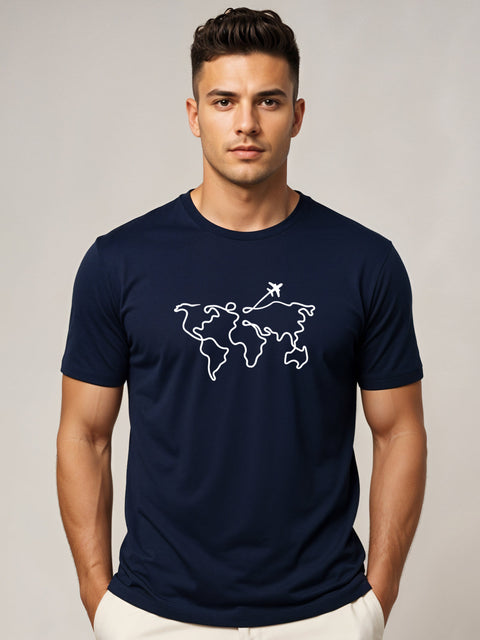 Adro Men’s Regular Fit T-Shirt – Wanderlust World Map Design | 180 GSM Cotton Lycra Travel-Inspired Graphic Tee