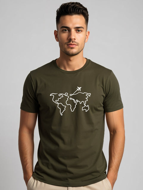 Adro Men’s Regular Fit T-Shirt – Wanderlust World Map Design | 180 GSM Cotton Lycra Travel-Inspired Graphic Tee