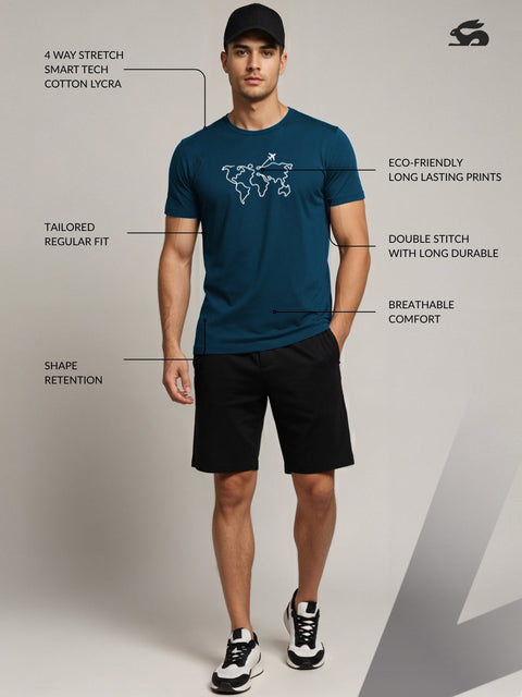 Adro Men’s Regular Fit T-Shirt – Wanderlust World Map Design | 180 GSM Cotton Lycra Travel-Inspired Graphic Tee