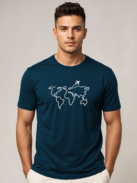 Adro Men’s Regular Fit T-Shirt – Wanderlust World Map Design | 180 GSM Cotton Lycra Travel-Inspired Graphic Tee