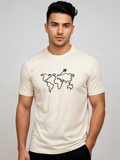 Adro Men’s Regular Fit T-Shirt – Wanderlust World Map Design | 180 GSM Cotton Lycra Travel-Inspired Graphic Tee