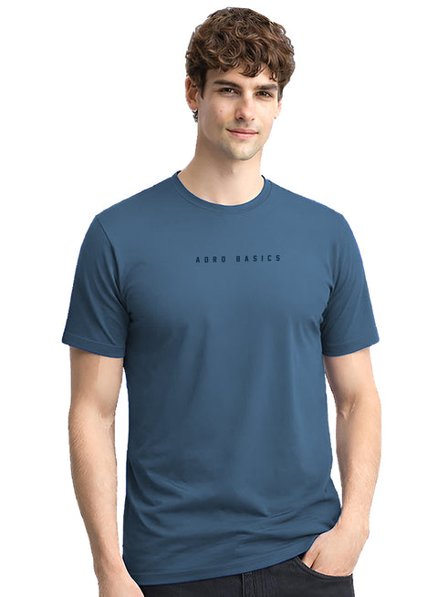 Adro Mens Minimal Printed T-Shirt | 100% Breathable Soft Cotton T shirt | Stylish Casual Tshirt for Summer Regular Fit Tee Classic Blue