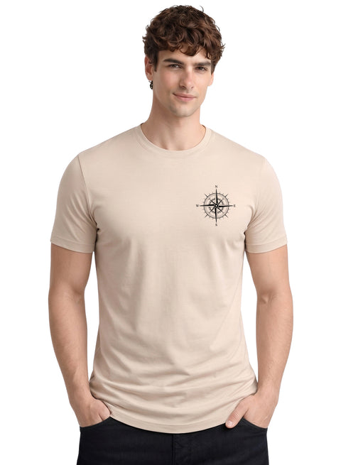 Adro Mens Chest Printed Tshirt | Minimal Graphic 100% Cotton Casual Travel T-shirt | Stylish Explorer Look Summer T shirt for Men Beige