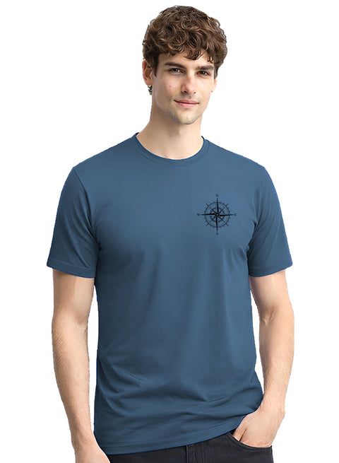 Adro Mens Chest Printed Tshirt | Minimal Graphic 100% Cotton Casual Travel T-shirt | Stylish Explorer Look Summer T shirt for Men Classic Blue