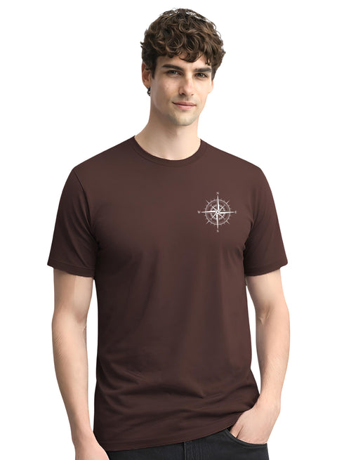Adro Mens Chest Printed Tshirt | Minimal Graphic 100% Cotton Casual Travel T-shirt | Stylish Explorer Look Summer T shirt for Men Brown
