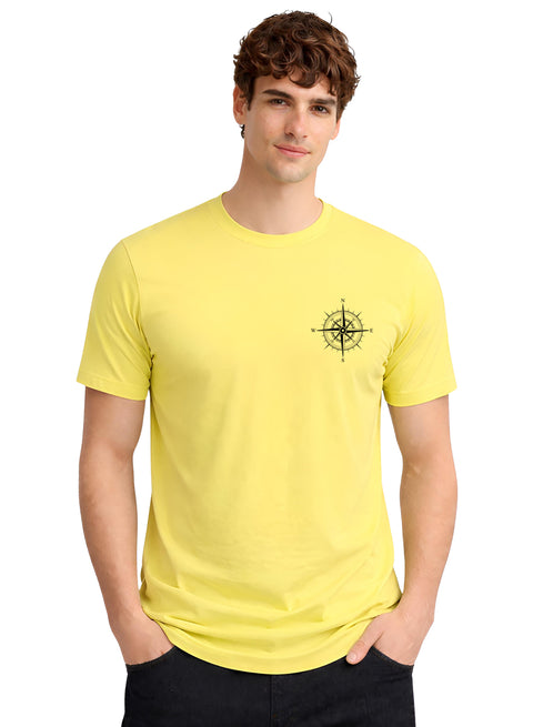 Adro Mens Chest Printed Tshirt | Minimal Graphic 100% Cotton Casual Travel T-shirt | Stylish Explorer Look Summer T shirt for Men Light Yellow