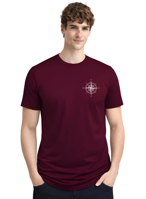 Adro Mens Chest Printed Tshirt | Minimal Graphic 100% Cotton Casual Travel T-shirt | Stylish Explorer Look Summer T shirt for Men Maroon