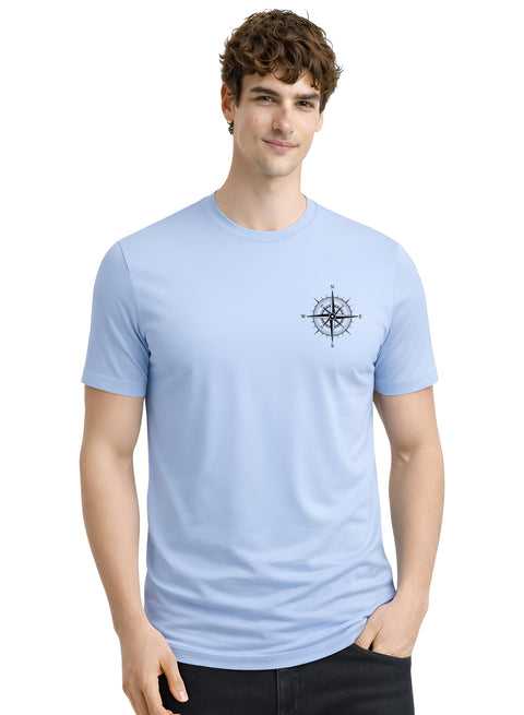 Adro Mens Chest Printed Tshirt | Minimal Graphic 100% Cotton Casual Travel T-shirt | Stylish Explorer Look Summer T shirt for Men Sky Blue