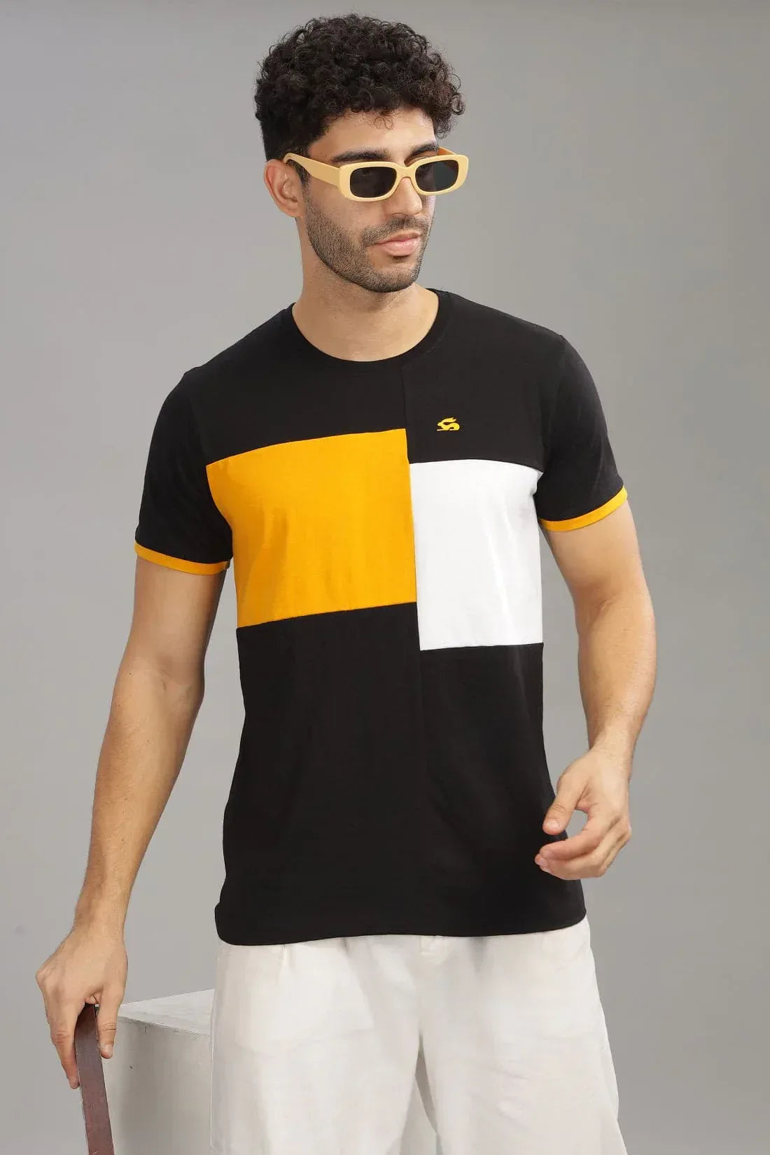 Adro Men’s Round Neck T-Shirt | 95% Cotton 5% Lycra | Trendy Look Black,Mustard,White