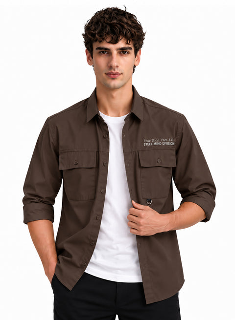 Adro Mens Cotton Twill Cargo Shirt Brown – Full Sleeve Casual Shirt with Chest Pockets | Stylish Outdoor Travel Shirt | Regular Shirts for men