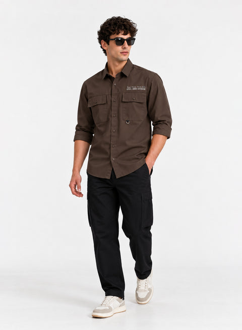 Adro Mens Cotton Twill Cargo Shirt Brown – Full Sleeve Casual Shirt with Chest Pockets | Stylish Outdoor Travel Shirt | Regular Shirts for men