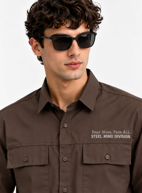 Adro Mens Cotton Twill Cargo Shirt Brown – Full Sleeve Casual Shirt with Chest Pockets | Stylish Outdoor Travel Shirt | Regular Shirts for men