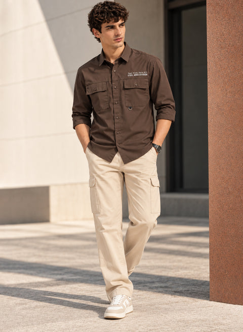 Adro Mens Cotton Twill Cargo Shirt Brown – Full Sleeve Casual Shirt with Chest Pockets | Stylish Outdoor Travel Shirt | Regular Shirts for men