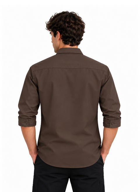 Adro Mens Cotton Twill Cargo Shirt Brown – Full Sleeve Casual Shirt with Chest Pockets | Stylish Outdoor Travel Shirt | Regular Shirts for men