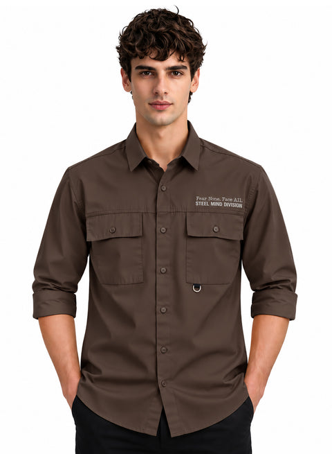 Adro Mens Cotton Twill Cargo Shirt Brown – Full Sleeve Casual Shirt with Chest Pockets | Stylish Outdoor Travel Shirt | Regular Shirts for men