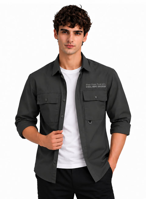 Adro Mens Cotton Twill Cargo Shirt Dark Grey – Full Sleeve Casual Shirt with Chest Pockets | Stylish Outdoor Travel Shirt | Regular Shirts for men