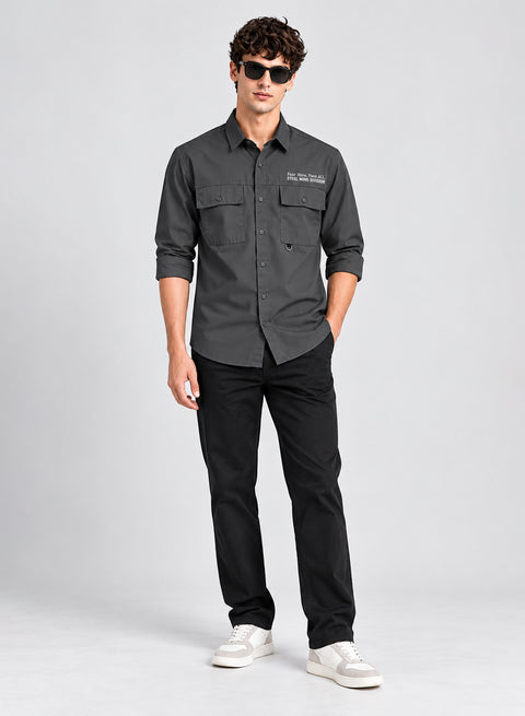 Adro Mens Cotton Twill Cargo Shirt Dark Grey – Full Sleeve Casual Shirt with Chest Pockets | Stylish Outdoor Travel Shirt | Regular Shirts for men