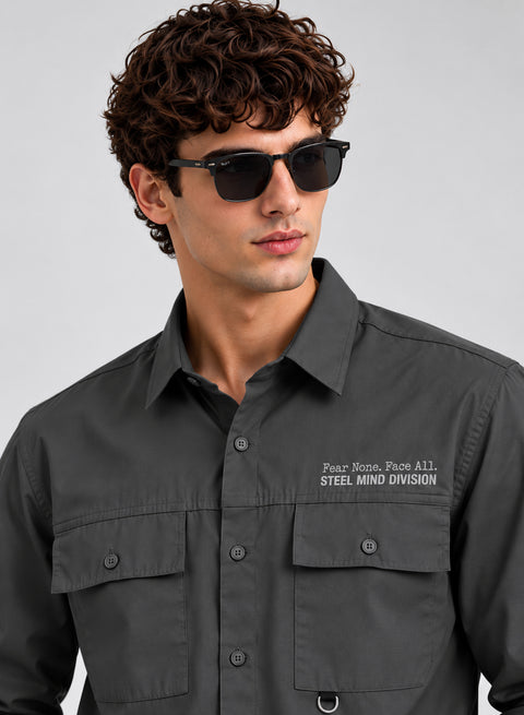 Adro Mens Cotton Twill Cargo Shirt Dark Grey – Full Sleeve Casual Shirt with Chest Pockets | Stylish Outdoor Travel Shirt | Regular Shirts for men