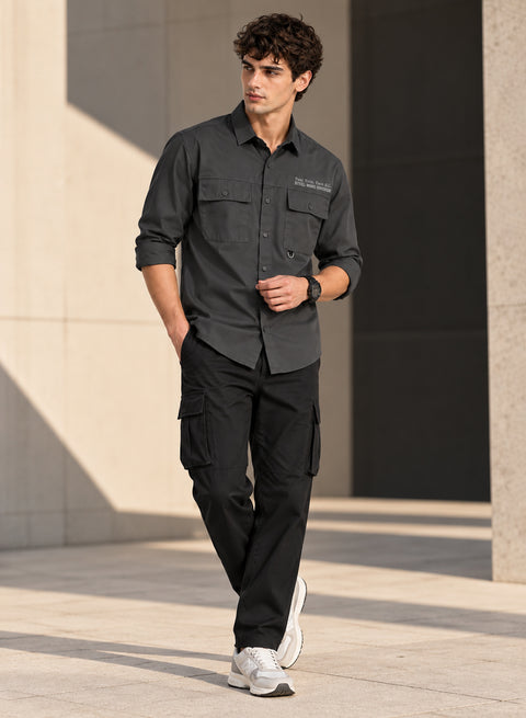 Adro Mens Cotton Twill Cargo Shirt Dark Grey – Full Sleeve Casual Shirt with Chest Pockets | Stylish Outdoor Travel Shirt | Regular Shirts for men