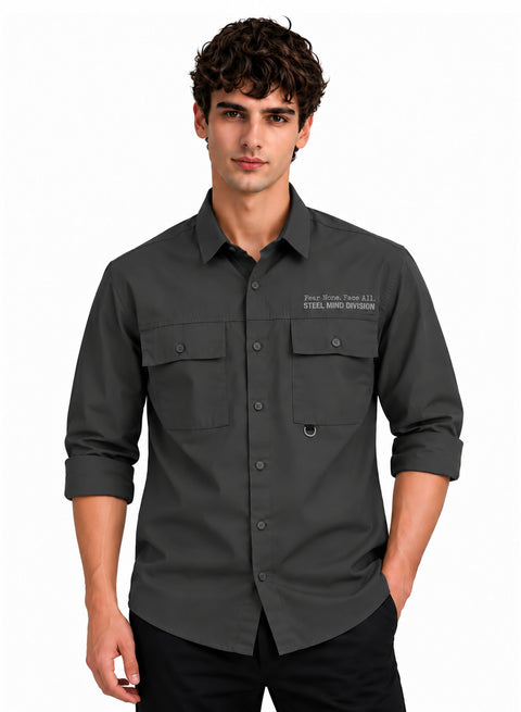 Adro Mens Cotton Twill Cargo Shirt Dark Grey – Full Sleeve Casual Shirt with Chest Pockets | Stylish Outdoor Travel Shirt | Regular Shirts for men