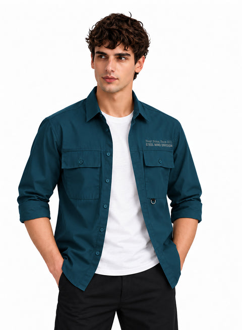 Adro Mens Cotton Twill Cargo Shirt Teal Blue – Full Sleeve Casual Shirt with Chest Pockets | Stylish Outdoor Travel Shirt | Regular Shirts for men