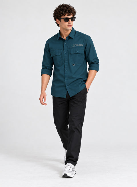 Adro Mens Cotton Twill Cargo Shirt Teal Blue – Full Sleeve Casual Shirt with Chest Pockets | Stylish Outdoor Travel Shirt | Regular Shirts for men