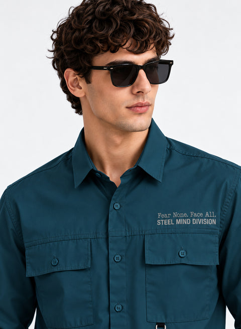 Adro Mens Cotton Twill Cargo Shirt Teal Blue – Full Sleeve Casual Shirt with Chest Pockets | Stylish Outdoor Travel Shirt | Regular Shirts for men