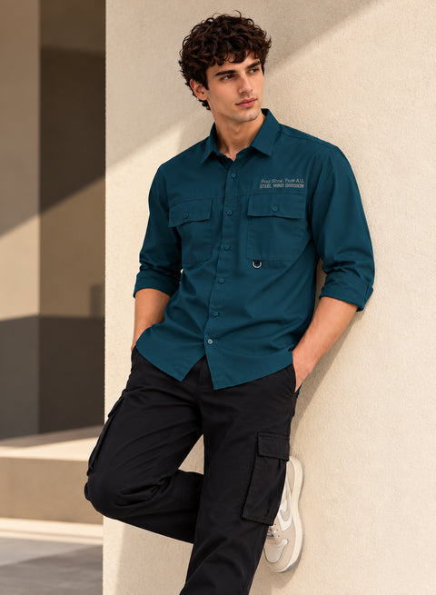 Adro Mens Cotton Twill Cargo Shirt Teal Blue – Full Sleeve Casual Shirt with Chest Pockets | Stylish Outdoor Travel Shirt | Regular Shirts for men