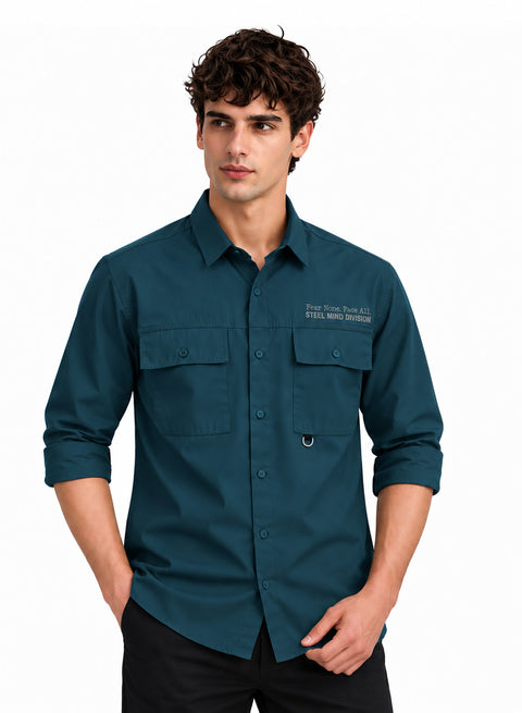 Adro Mens Cotton Twill Cargo Shirt Teal Blue – Full Sleeve Casual Shirt with Chest Pockets | Stylish Outdoor Travel Shirt | Regular Shirts for men