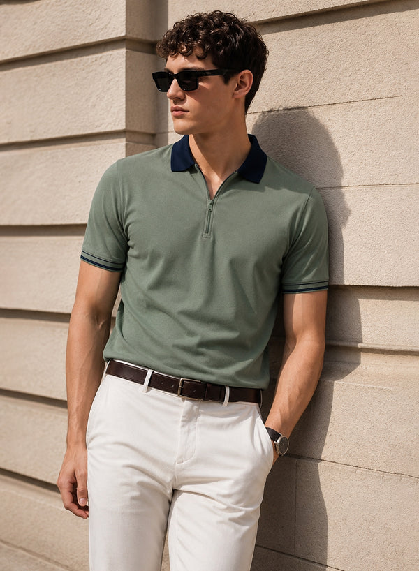 Mens Premium Cotton Polo T-Shirt | 220 GSM Soft Fabric | Casual stylish Look | Zipper Polo Design Polo T shirt | Polo Tshirt for All-Day Wear | Sea Sprey
