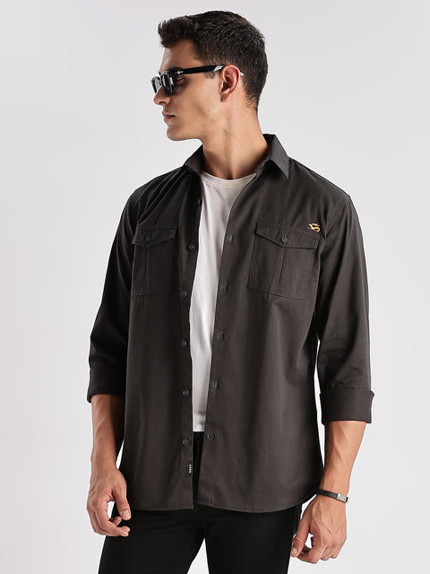 Adro Cargo Shirt for Men | Double Pocket Mens Casual Shirt | 100% Cotton Plain Shirt | Full Sleeve Shirt | Summer - Regular Fit Shirt