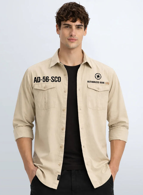 ADRO Mens Cargo Shirts in Regular Fit | Smart Dual Chest Pockets | Military Jacket Style | Beige Shacket Style Cotton Printed Shirt
