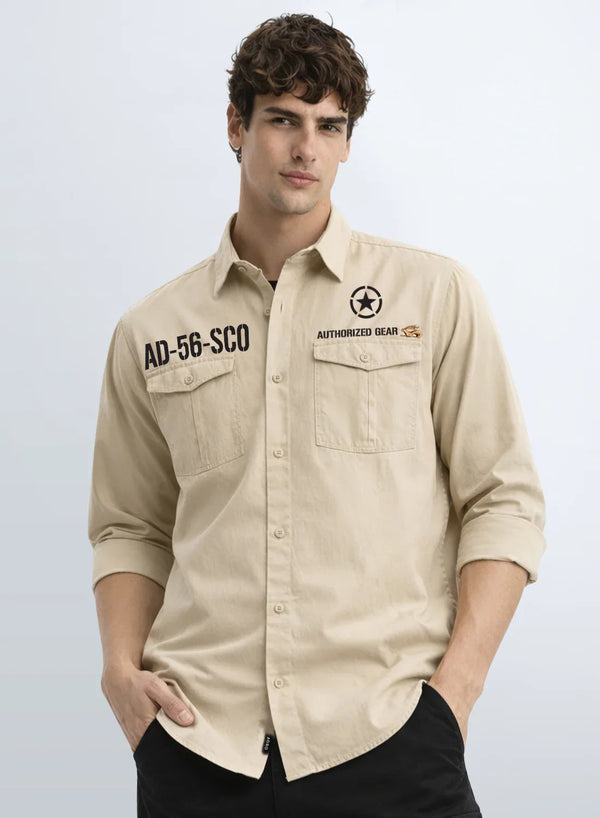 ADRO Mens Cargo Shirts in Regular Fit | Smart Dual Chest Pockets | Military Jacket Style | Beige Shacket Style Cotton Printed Shirt