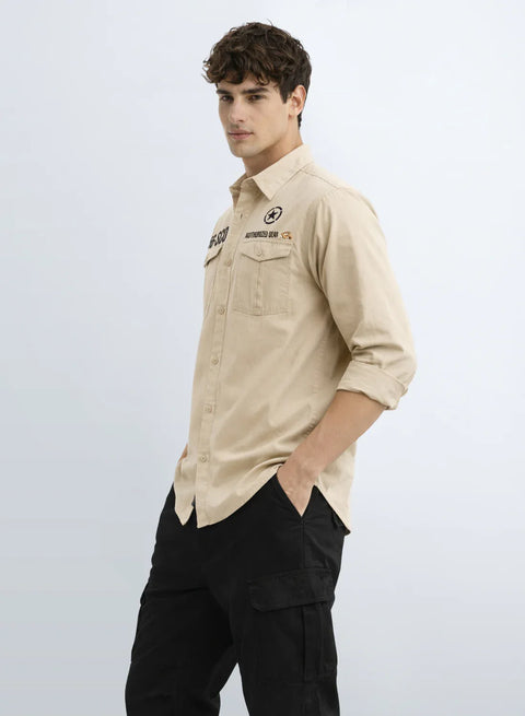 ADRO Mens Cargo Shirts in Regular Fit | Smart Dual Chest Pockets | Military Jacket Style | Beige Shacket Style Cotton Printed Shirt