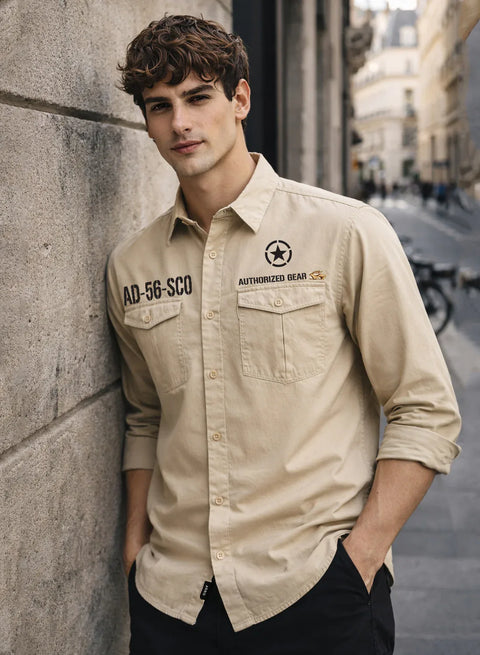 ADRO Mens Cargo Shirts in Regular Fit | Smart Dual Chest Pockets | Military Jacket Style | Beige Shacket Style Cotton Printed Shirt