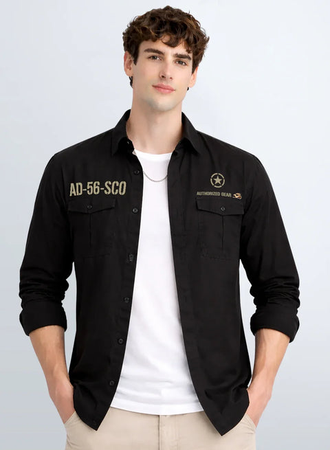 ADRO Mens Cargo Shirts in Regular Fit | Smart Dual Chest Pockets | Military Jacket Style | Black Shacket Style Cotton Printed Shirt