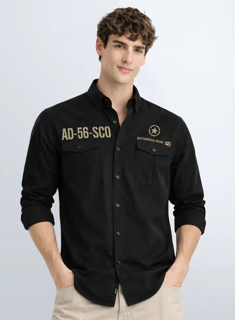 ADRO Mens Cargo Shirts in Regular Fit | Smart Dual Chest Pockets | Military Jacket Style | Black Shacket Style Cotton Printed Shirt Black