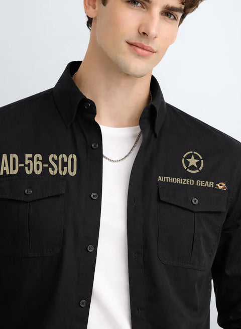 ADRO Mens Cargo Shirts in Regular Fit | Smart Dual Chest Pockets | Military Jacket Style | Black Shacket Style Cotton Printed Shirt