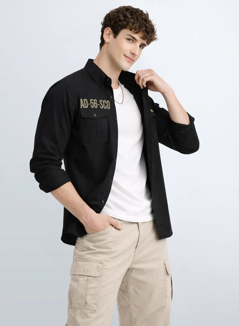 ADRO Mens Cargo Shirts in Regular Fit | Smart Dual Chest Pockets | Military Jacket Style | Black Shacket Style Cotton Printed Shirt