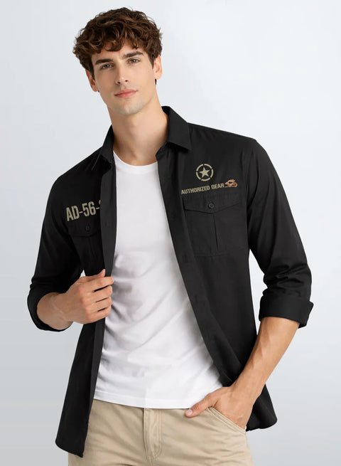 ADRO Mens Cargo Shirts in Regular Fit | Smart Dual Chest Pockets | Military Jacket Style | Grey Shacket Style Cotton Printed Shirt