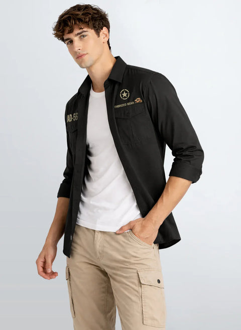 ADRO Mens Cargo Shirts in Regular Fit | Smart Dual Chest Pockets | Military Jacket Style | Grey Shacket Style Cotton Printed Shirt