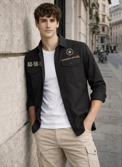 ADRO Mens Cargo Shirts in Regular Fit | Smart Dual Chest Pockets | Military Jacket Style | Grey Shacket Style Cotton Printed Shirt