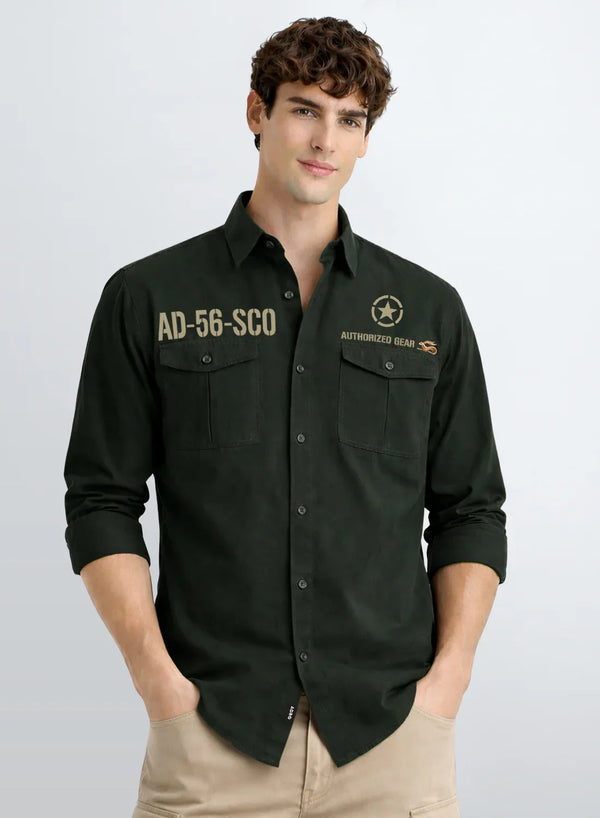 ADRO Mens Cargo Shirts in Regular Fit | Smart Dual Chest Pockets | Military Jacket Style | Green  Shacket Style Cotton Printed Shirt