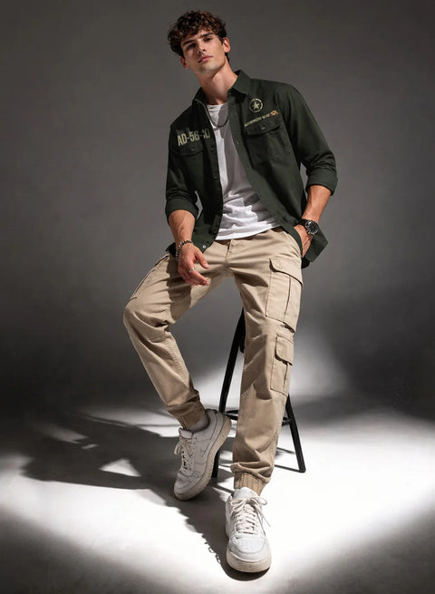 ADRO Mens Cargo Shirts in Regular Fit | Smart Dual Chest Pockets | Military Jacket Style | Green Shacket Style Cotton Printed Shirt